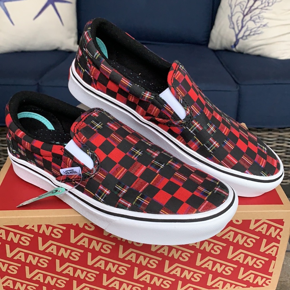 VANS COMFYCUSH SLIP ON PLAID CHECK RED/TRWHT WMNS - Picture 8 of 16